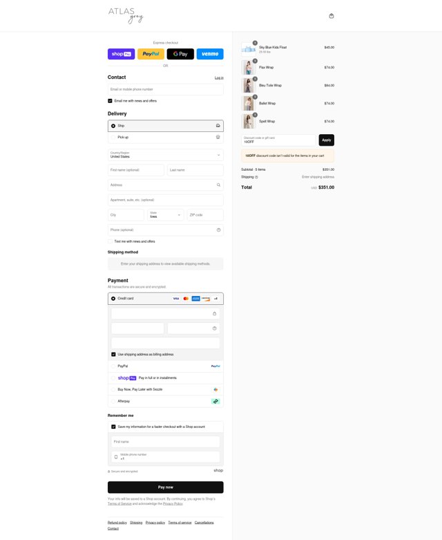 Atlas Grey checkout page showing Atlas Grey discount code box | Screenshot taken by SimplyCodes community member on Aug 13, 2025