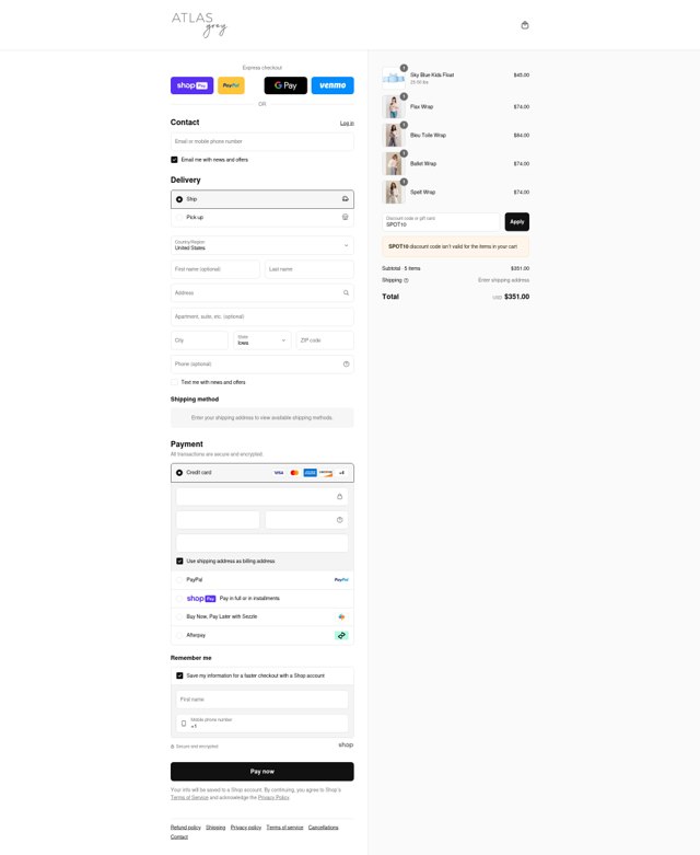 Atlas Grey checkout page showing Atlas Grey discount code box | Screenshot taken by SimplyCodes community member on Aug 13, 2025