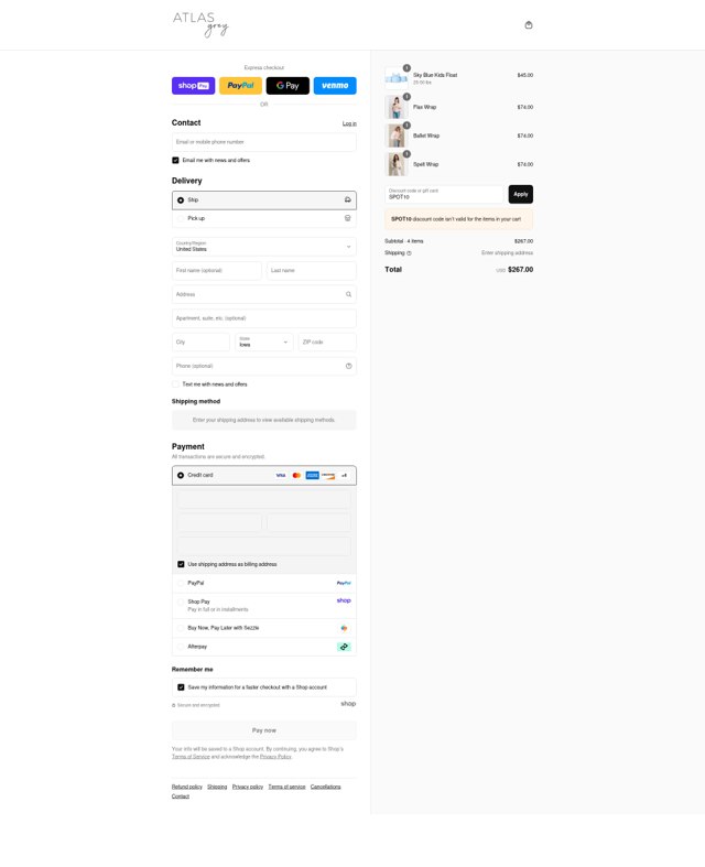 Atlas Grey checkout page showing Atlas Grey discount code box | Screenshot taken by SimplyCodes community member on Aug 26, 2025