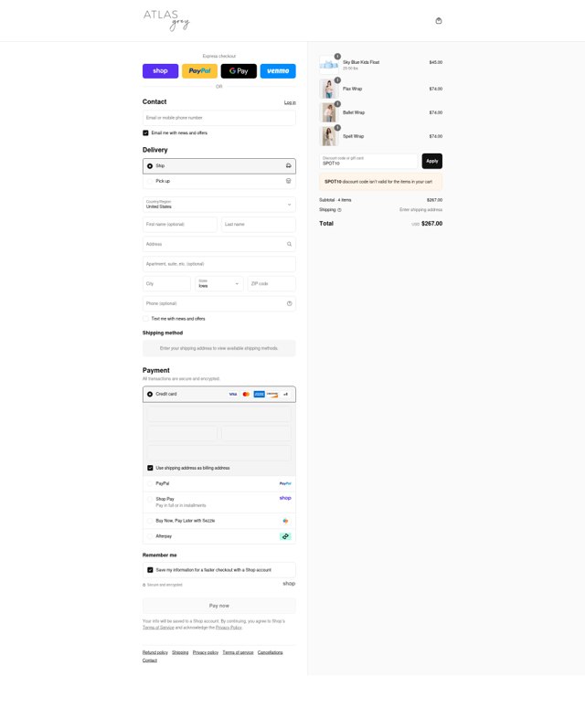 Atlas Grey checkout page showing Atlas Grey discount code box | Screenshot taken by SimplyCodes community member on Aug 30, 2025