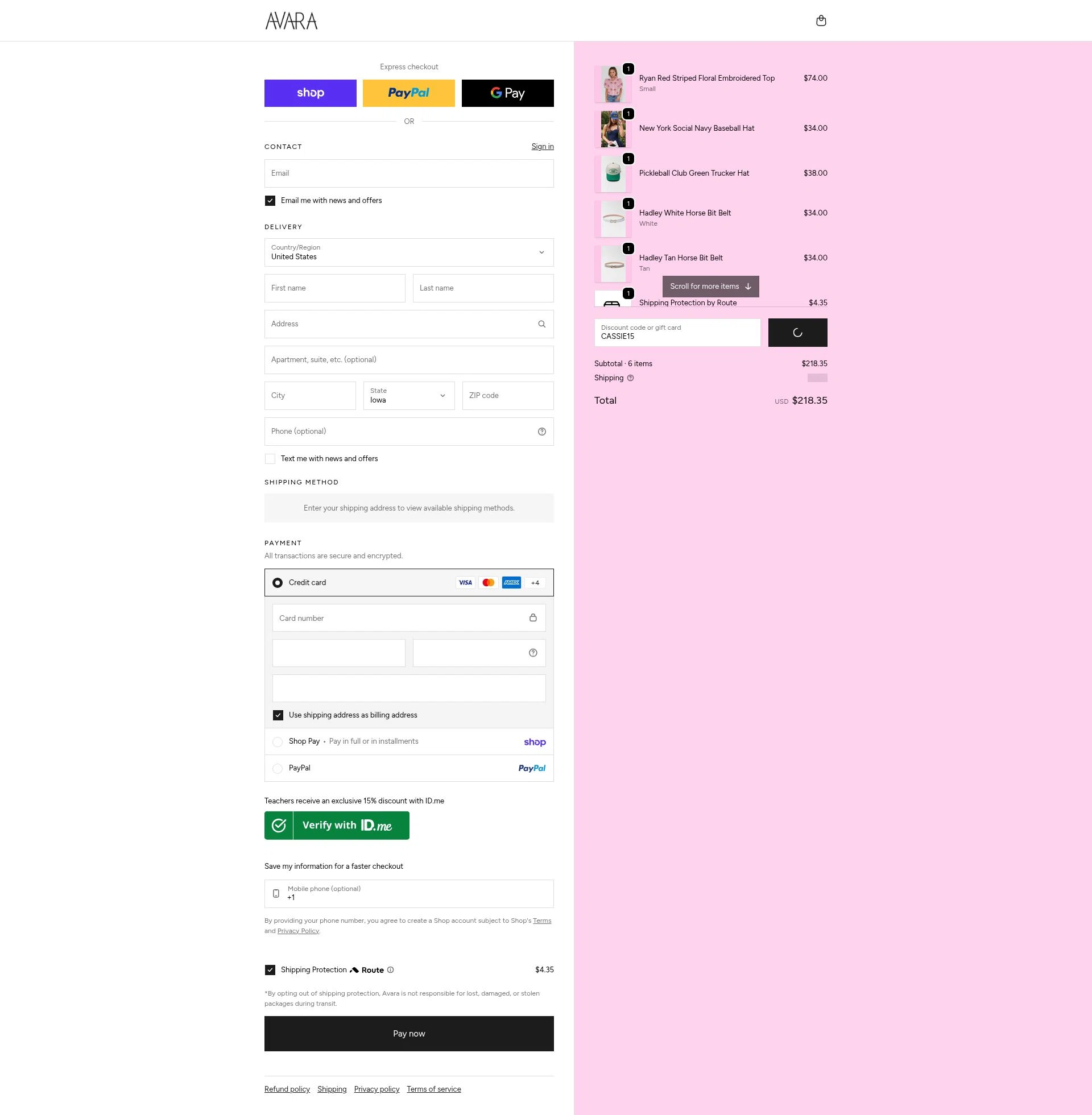 Shop Avara checkout page showing Shop Avara discount code box | Screenshot taken by SimplyCodes community member on Feb 20, 2026