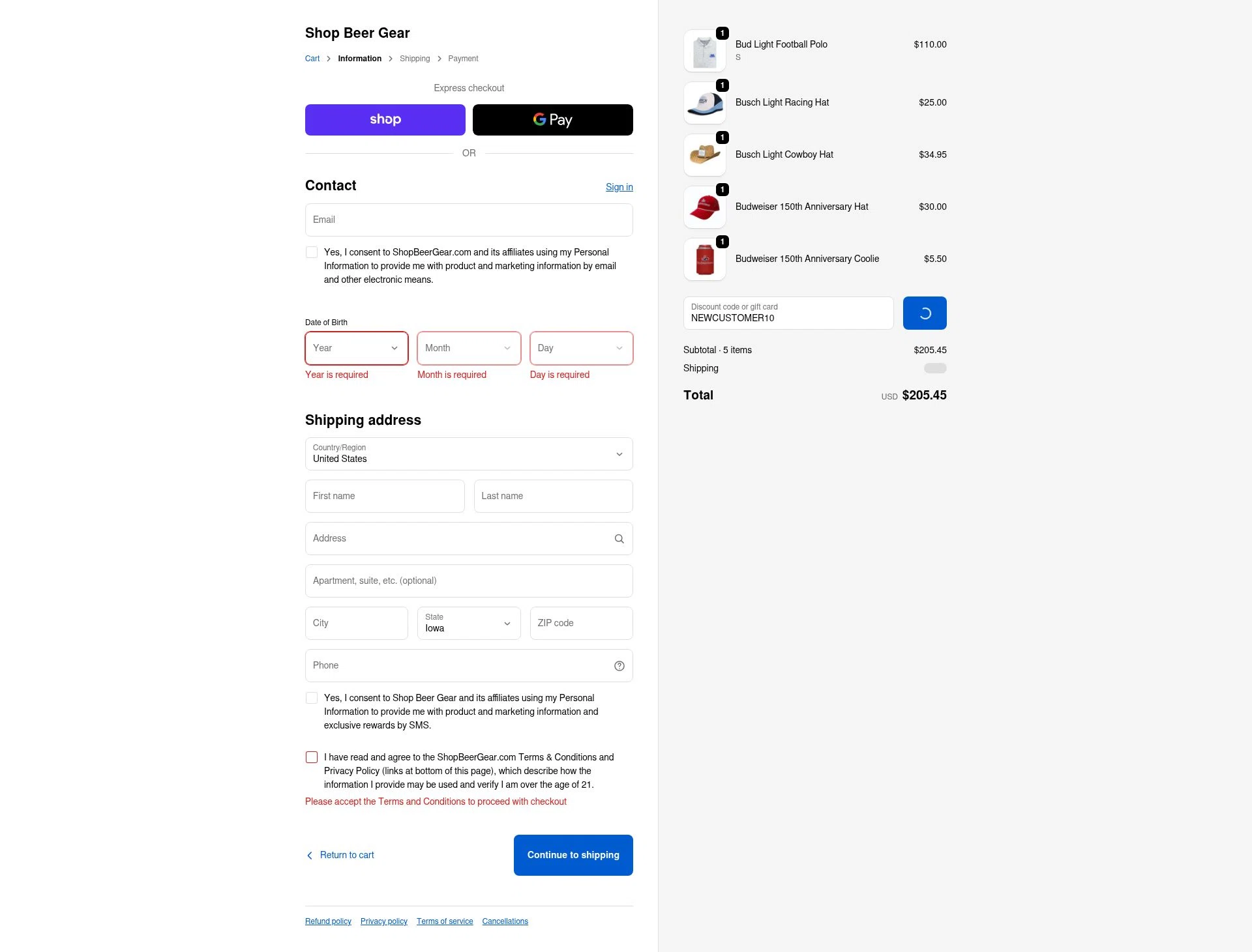 Shop Beer Gear checkout page showing Shop Beer Gear discount code box | Screenshot taken by SimplyCodes community member on Jan 28, 2026