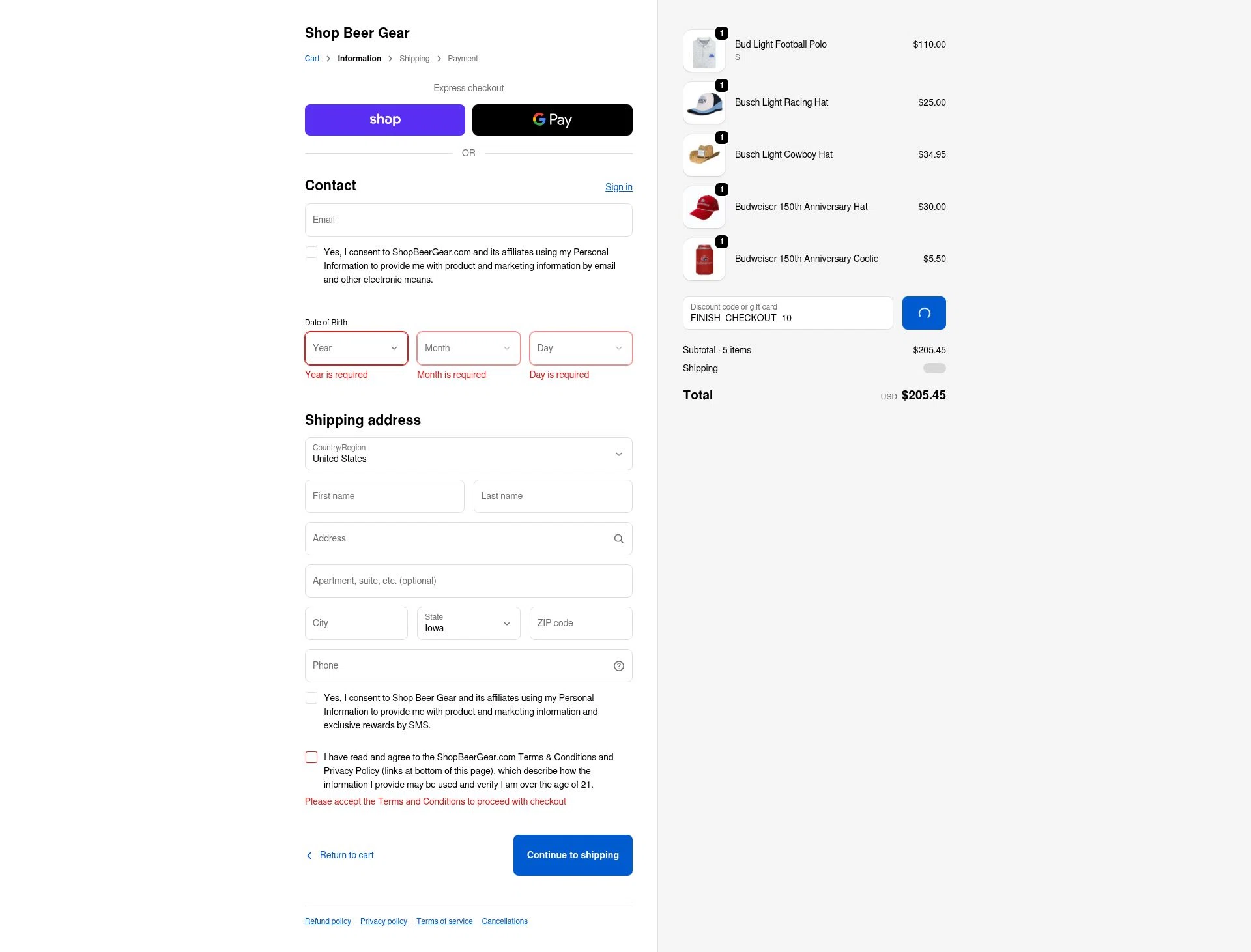 Shop Beer Gear checkout page showing Shop Beer Gear discount code box | Screenshot taken by SimplyCodes community member on Jan 28, 2026