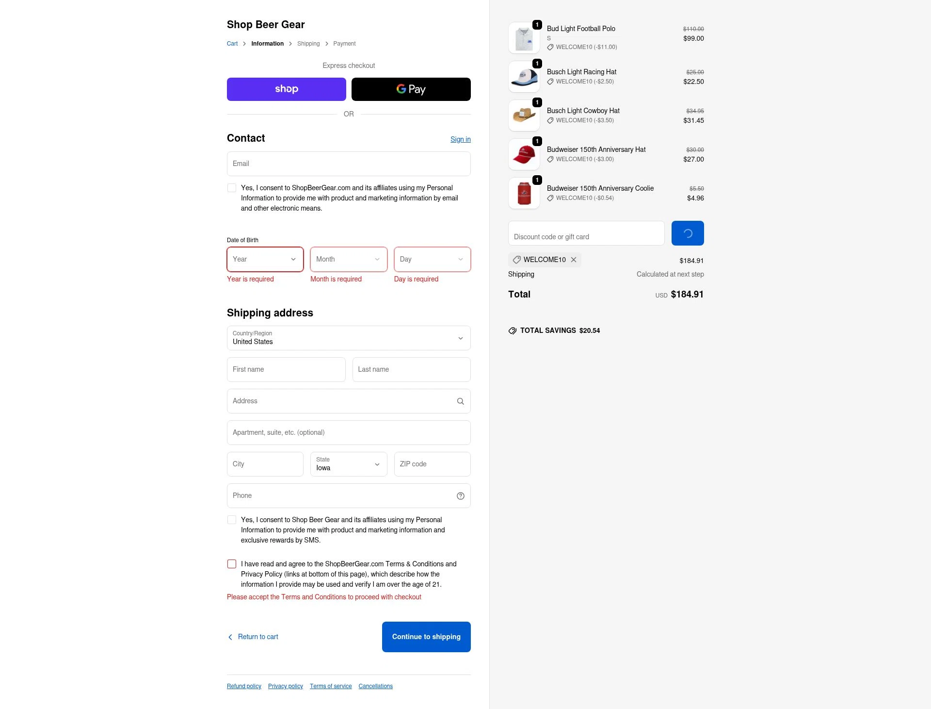 Shop Beer Gear checkout page showing Shop Beer Gear discount code box | Screenshot taken by SimplyCodes community member on Feb 6, 2026