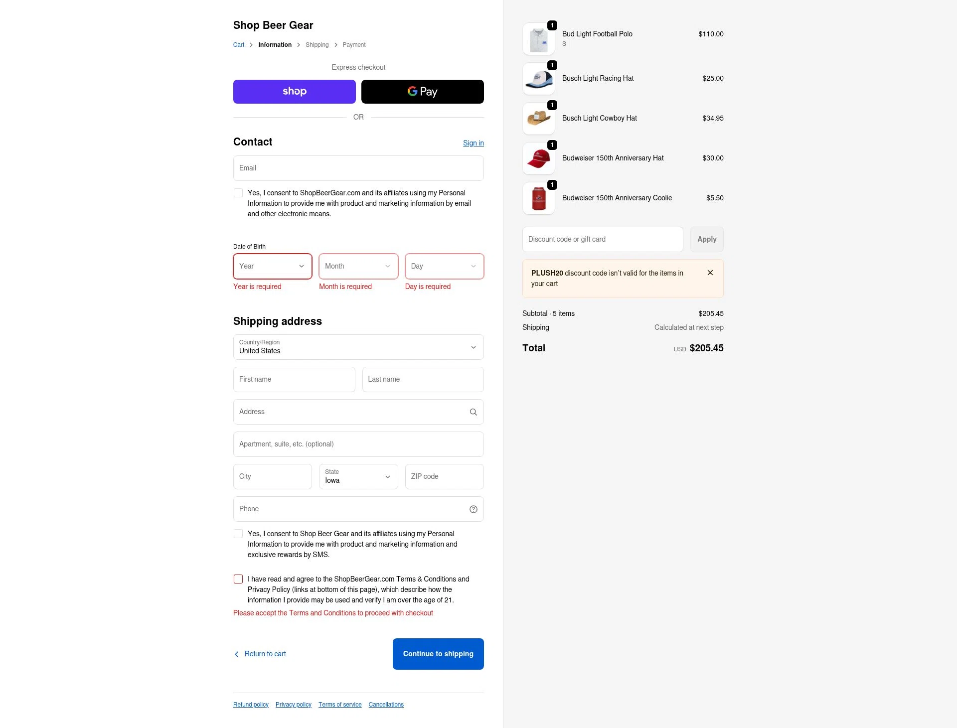 Shop Beer Gear checkout page showing Shop Beer Gear discount code box | Screenshot taken by SimplyCodes community member on Feb 6, 2026