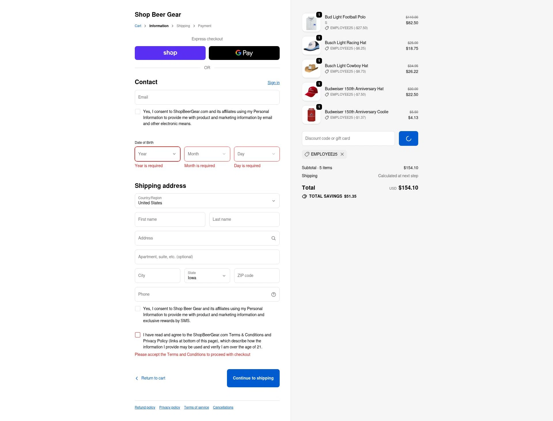 Shop Beer Gear checkout page showing Shop Beer Gear discount code box | Screenshot taken by SimplyCodes community member on Feb 6, 2026