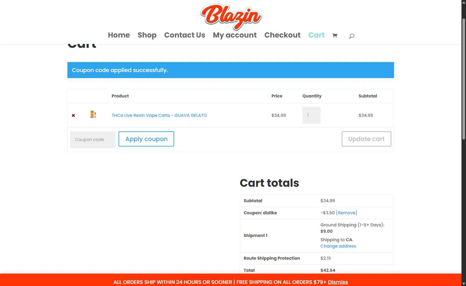 Shop Blazin checkout page showing Shop Blazin coupon code box | Screenshot taken by SimplyCodes community member on Feb 11, 2026