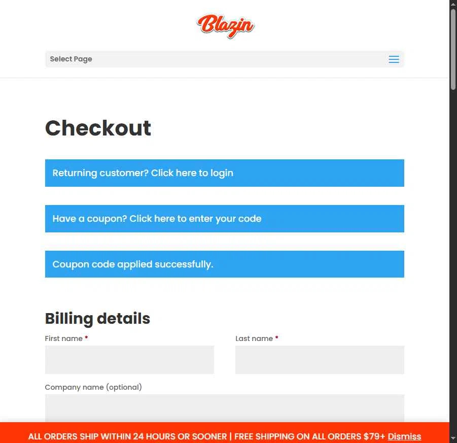 Shop Blazin checkout page showing Shop Blazin coupon code box | Screenshot taken by SimplyCodes community member on Feb 11, 2026