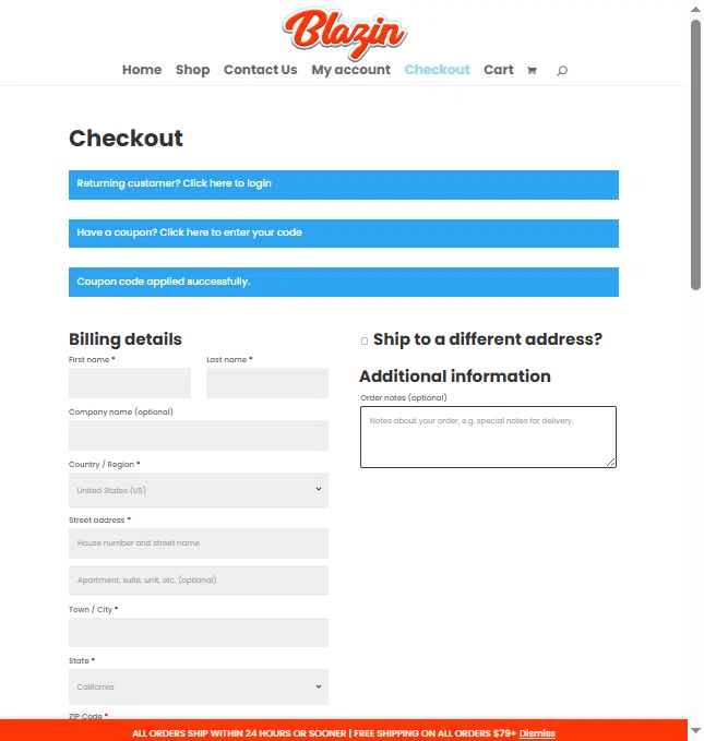 Shop Blazin checkout page showing Shop Blazin coupon code box | Screenshot taken by SimplyCodes community member on Feb 11, 2026
