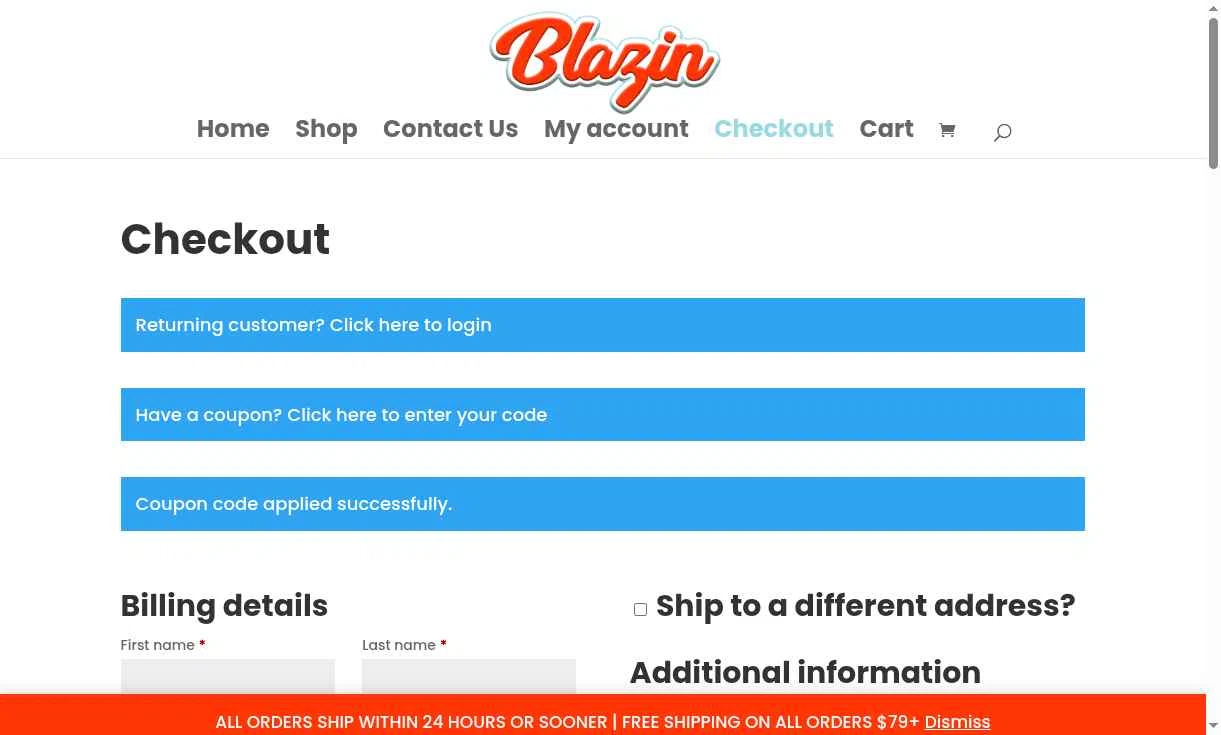Shop Blazin checkout page showing Shop Blazin coupon code box | Screenshot taken by SimplyCodes community member on Feb 11, 2026