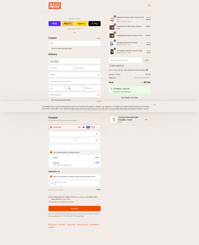 Bulletproof Nutrition checkout page showing Bulletproof Nutrition promo code box | Screenshot taken by SimplyCodes community member on Sep 8, 2025