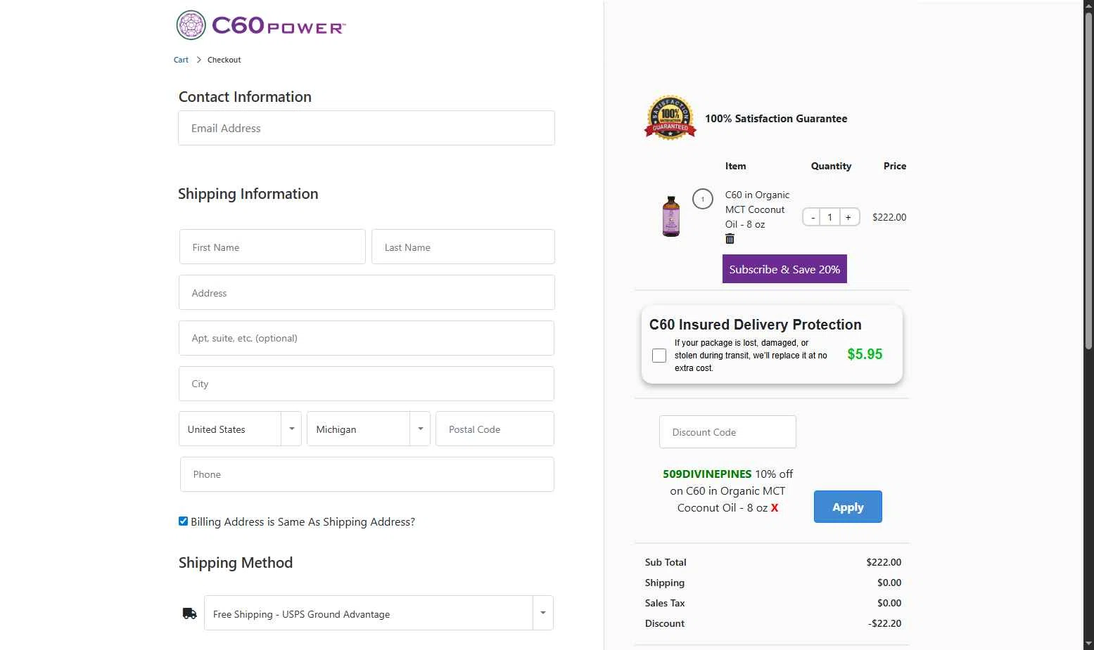 Shop C60 checkout page showing Shop C60 discount code box | Screenshot taken by SimplyCodes community member on Dec 8, 2025