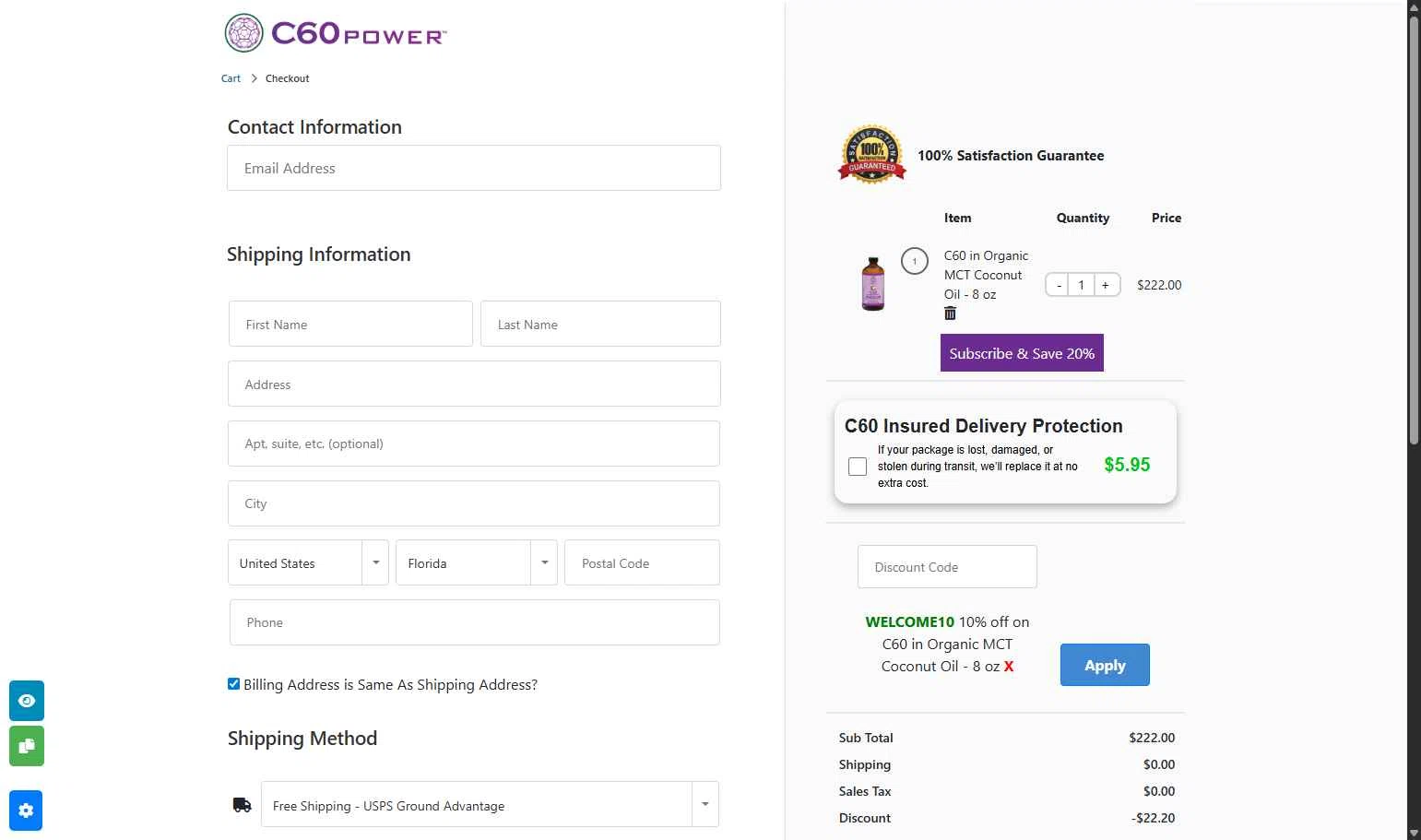 Shop C60 checkout page showing Shop C60 discount code box | Screenshot taken by SimplyCodes community member on Dec 8, 2025
