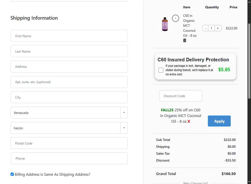 Shop C60 checkout page showing Shop C60 discount code box | Screenshot taken by SimplyCodes community member on Oct 17, 2025