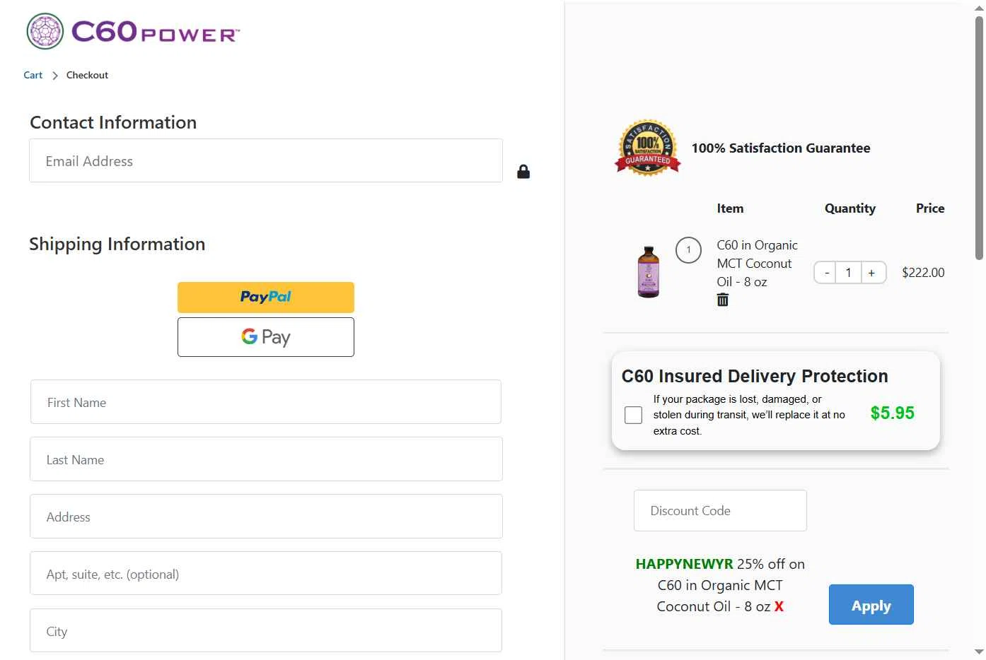 Shop C60 checkout page showing Shop C60 discount code box | Screenshot taken by SimplyCodes community member on Jan 3, 2026