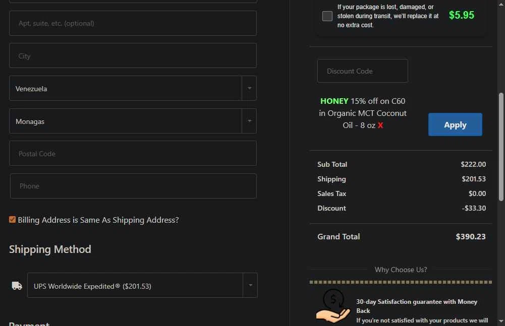 Shop C60 checkout page showing Shop C60 discount code box | Screenshot taken by SimplyCodes community member on Dec 8, 2025