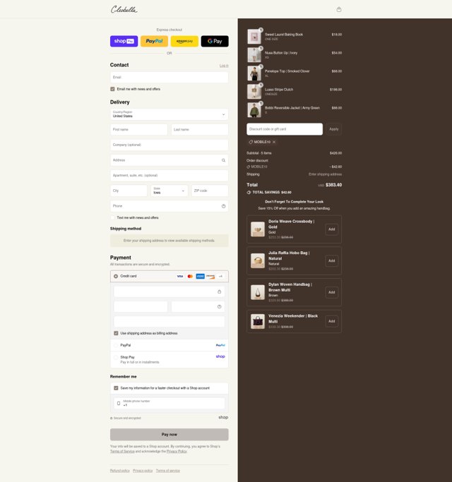 Cleobella checkout page showing Cleobella discount code box | Screenshot taken by SimplyCodes community member on Aug 25, 2025