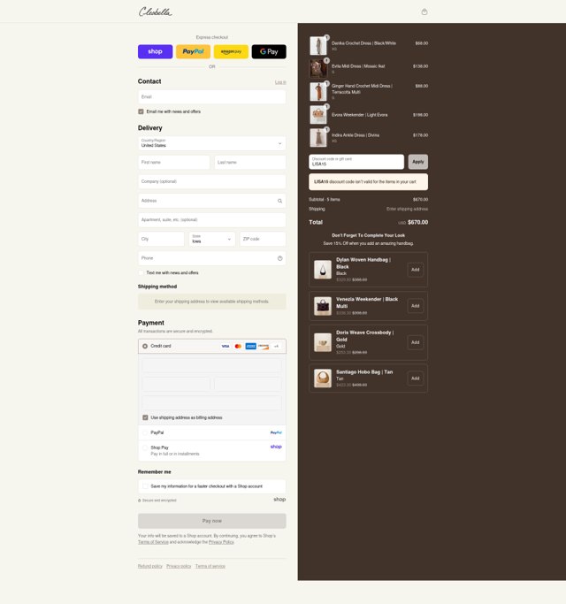 Cleobella checkout page showing Cleobella discount code box | Screenshot taken by SimplyCodes community member on Aug 29, 2025