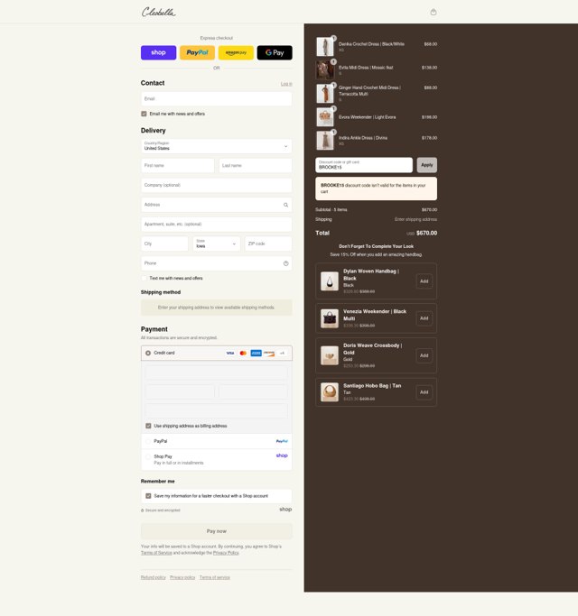 Cleobella checkout page showing Cleobella discount code box | Screenshot taken by SimplyCodes community member on Aug 29, 2025