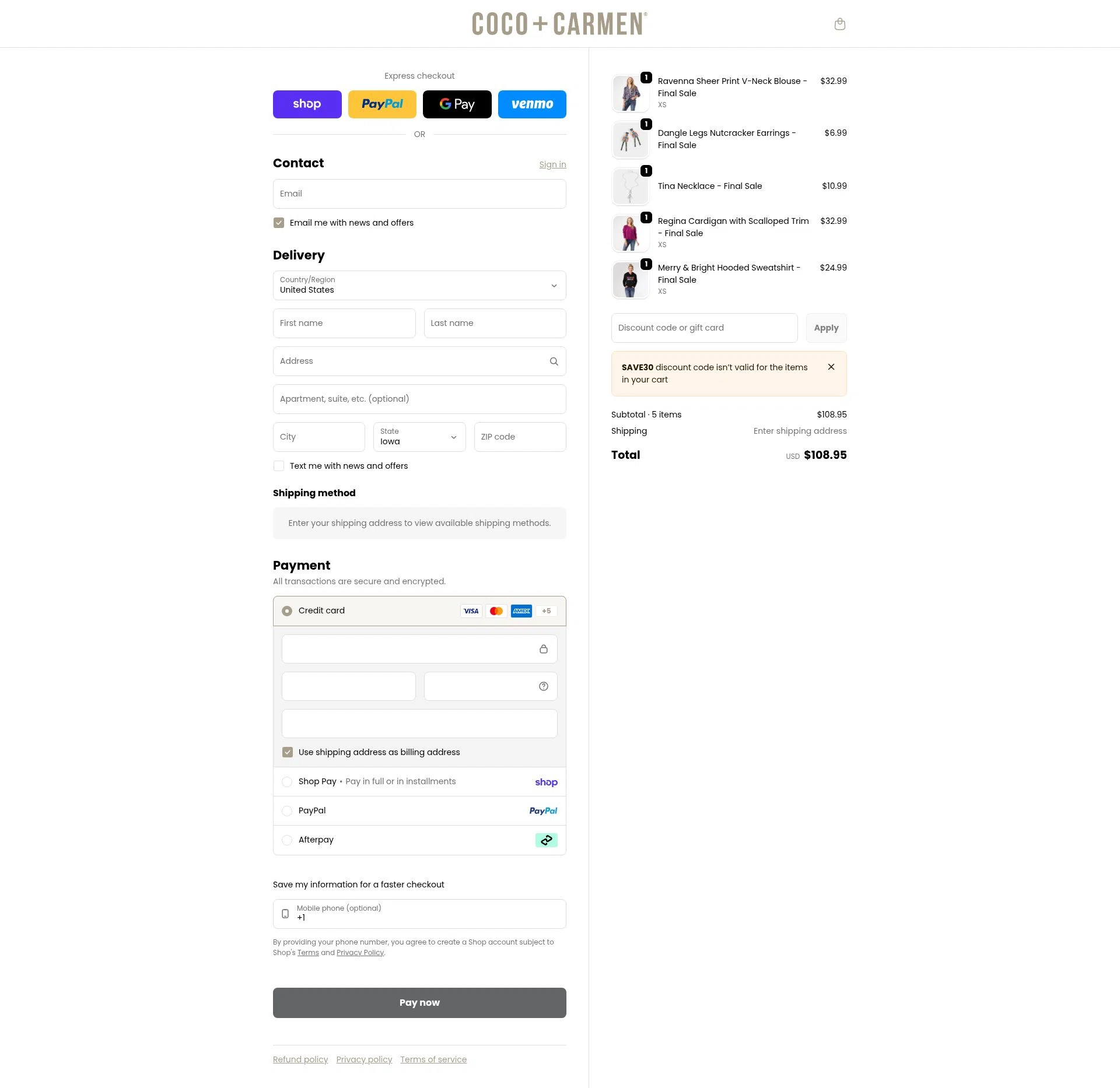 COCO + CARMEN checkout page showing COCO + CARMEN coupon code box | Screenshot taken by SimplyCodes community member on Feb 14, 2026