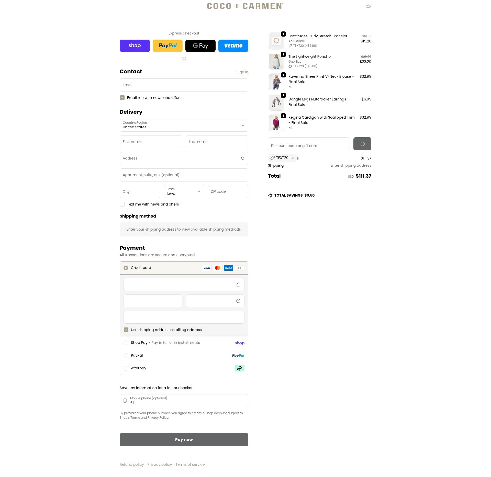COCO + CARMEN checkout page showing COCO + CARMEN coupon code box | Screenshot taken by SimplyCodes community member on Feb 19, 2026