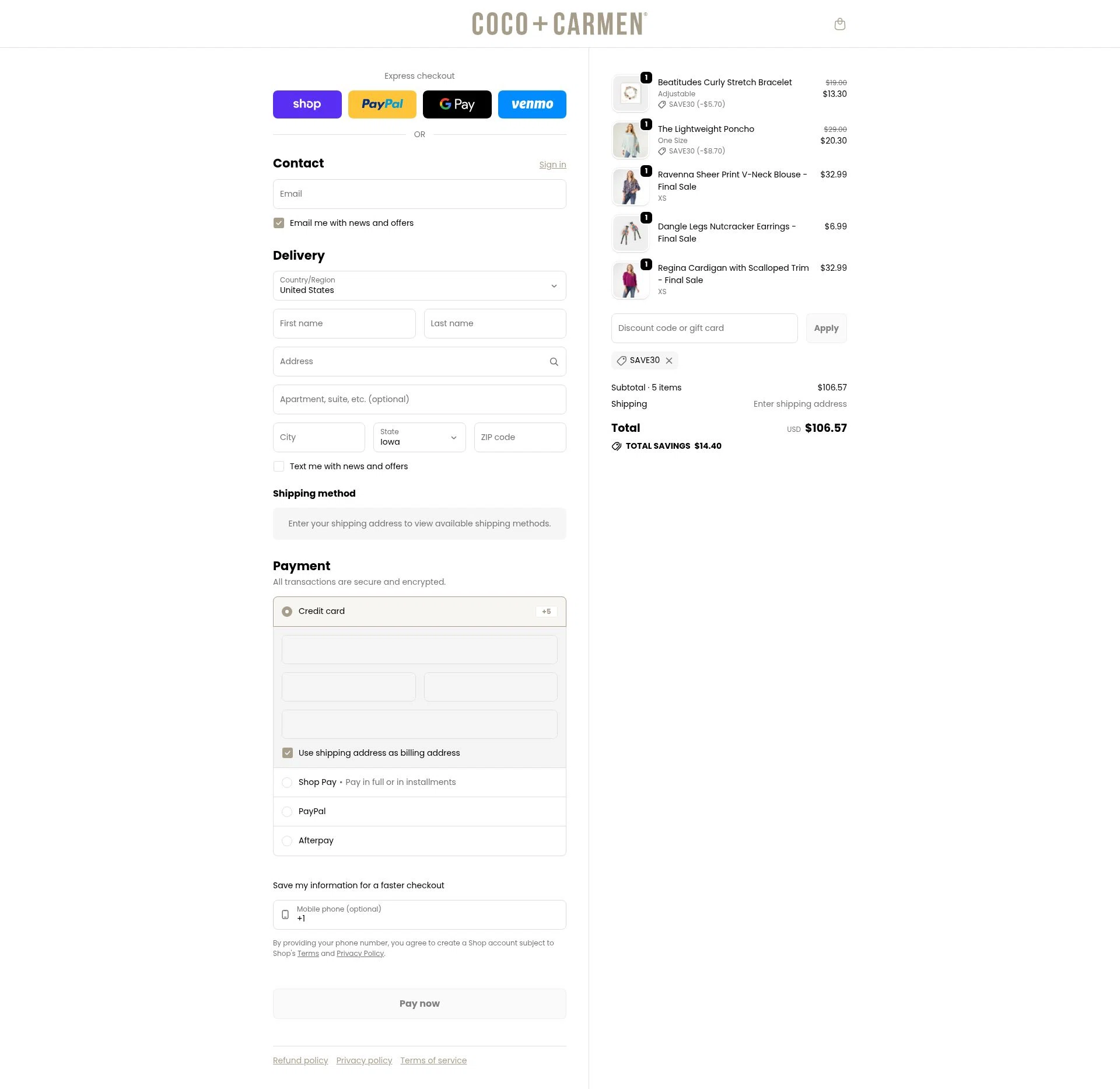 COCO + CARMEN checkout page showing COCO + CARMEN coupon code box | Screenshot taken by SimplyCodes community member on Feb 19, 2026