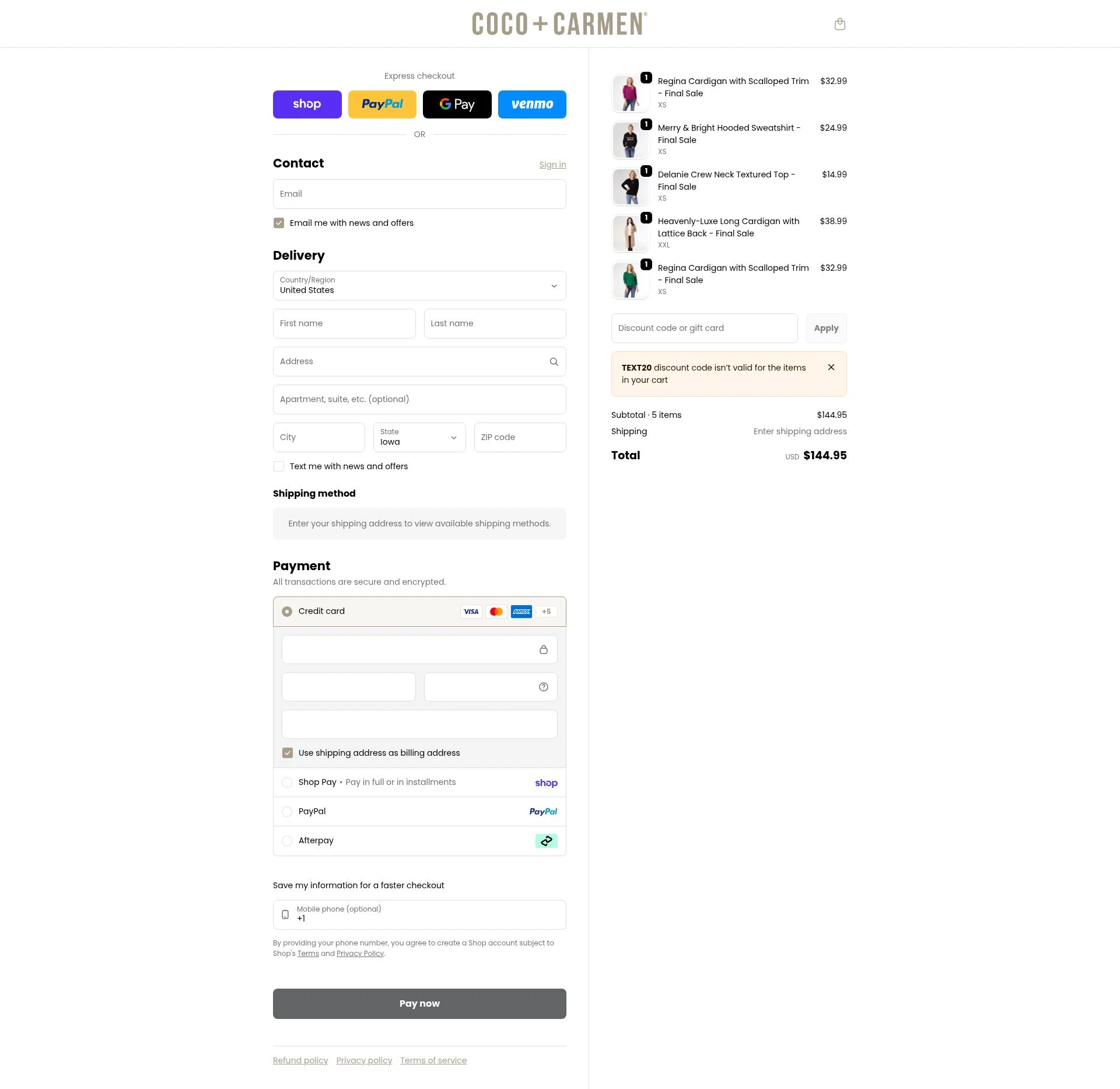 COCO + CARMEN checkout page showing COCO + CARMEN coupon code box | Screenshot taken by SimplyCodes community member on Feb 10, 2026