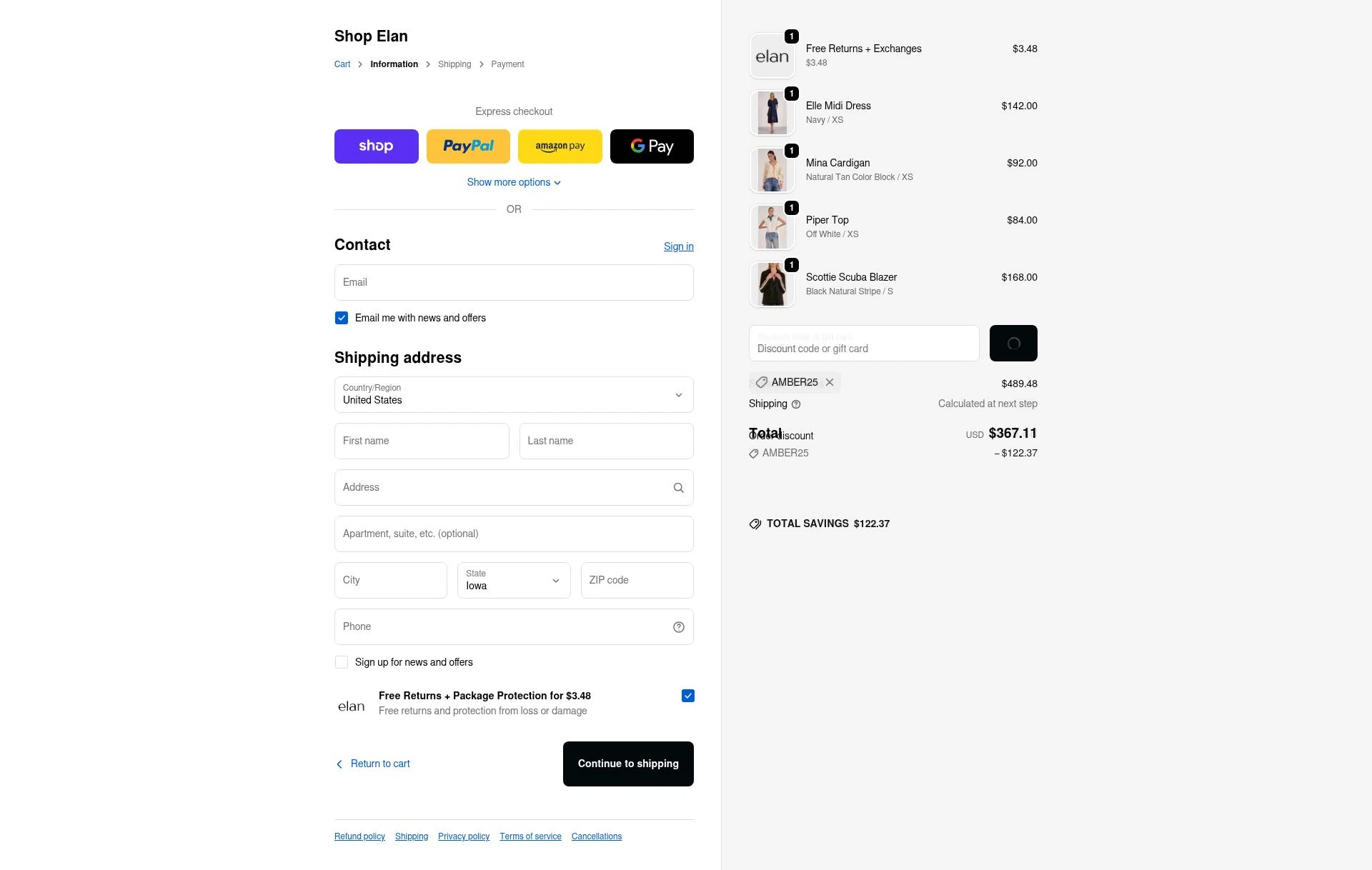 Shop Elan checkout page showing Shop Elan promo code box | Screenshot taken by SimplyCodes community member on Feb 18, 2026