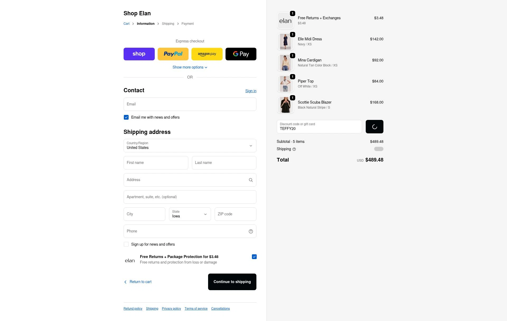 Shop Elan checkout page showing Shop Elan promo code box | Screenshot taken by SimplyCodes community member on Feb 18, 2026