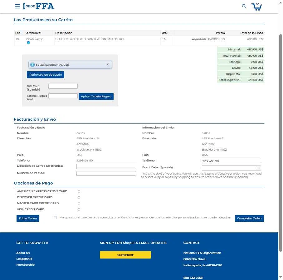 Shop FFA checkout page showing Shop FFA coupon code box | Screenshot taken by SimplyCodes community member on Feb 10, 2026