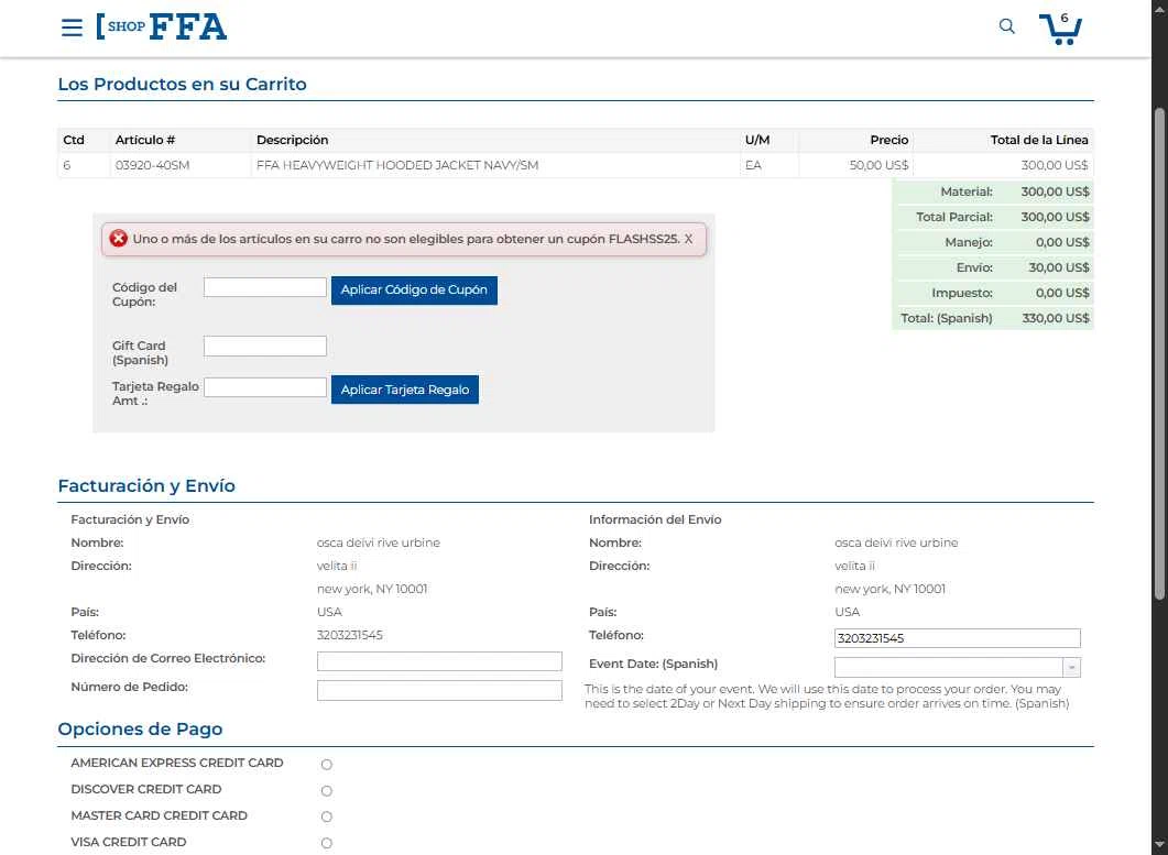 Shop FFA checkout page showing Shop FFA coupon code box | Screenshot taken by SimplyCodes community member on Oct 2, 2025