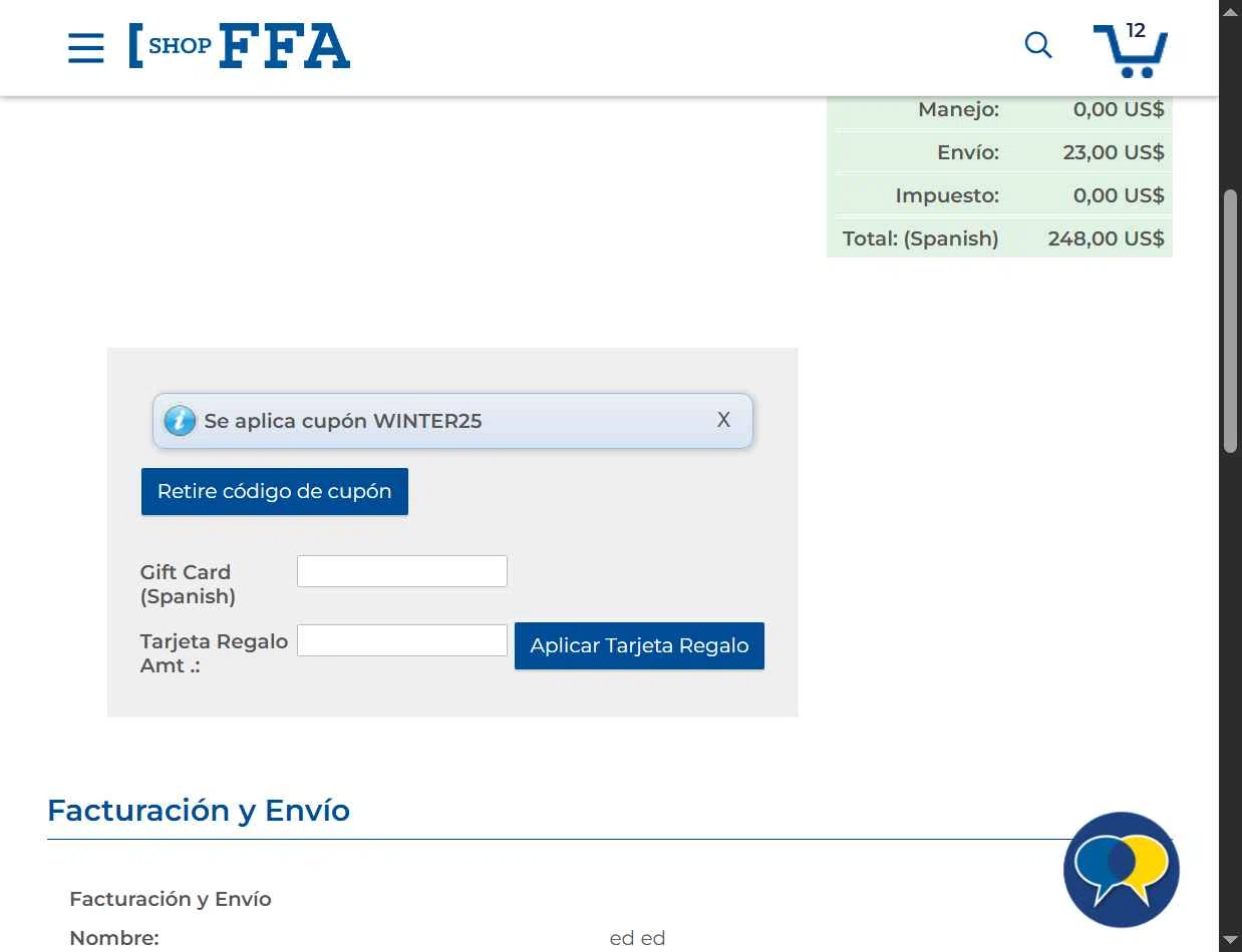 Shop FFA checkout page showing Shop FFA coupon code box | Screenshot taken by SimplyCodes community member on Dec 2, 2025