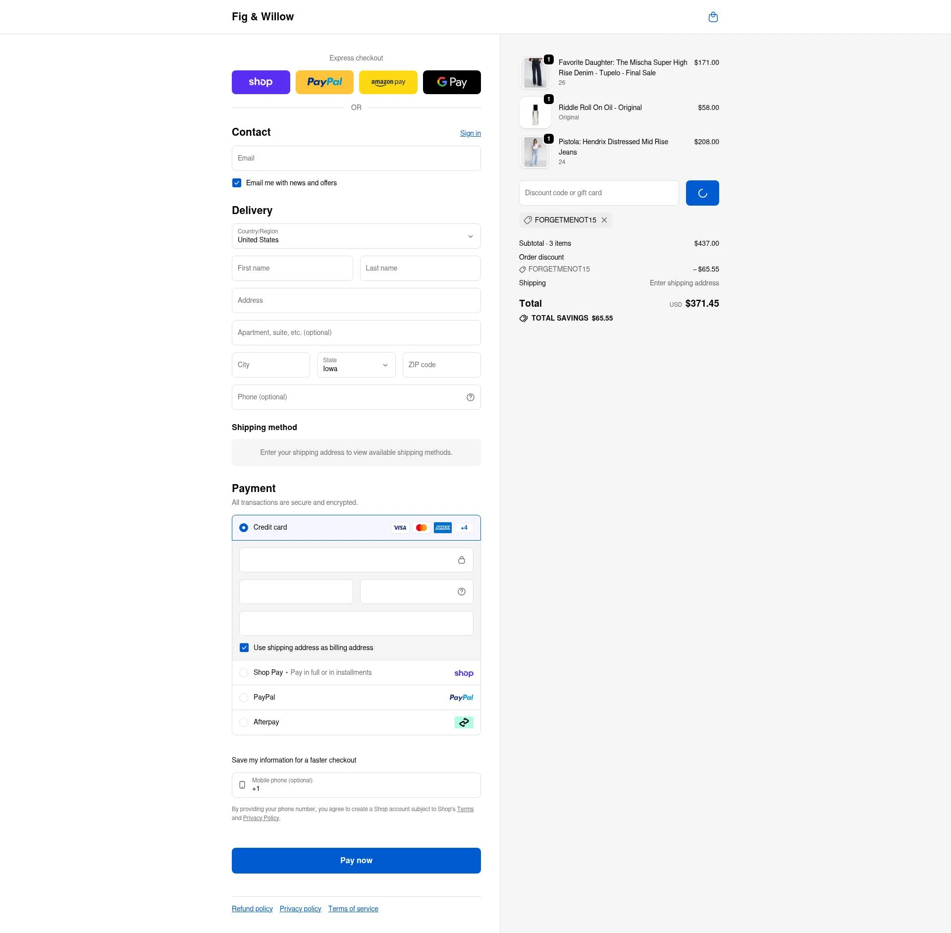 Fig & Willow checkout page showing Fig & Willow promo code box | Screenshot taken by SimplyCodes community member on Feb 7, 2026