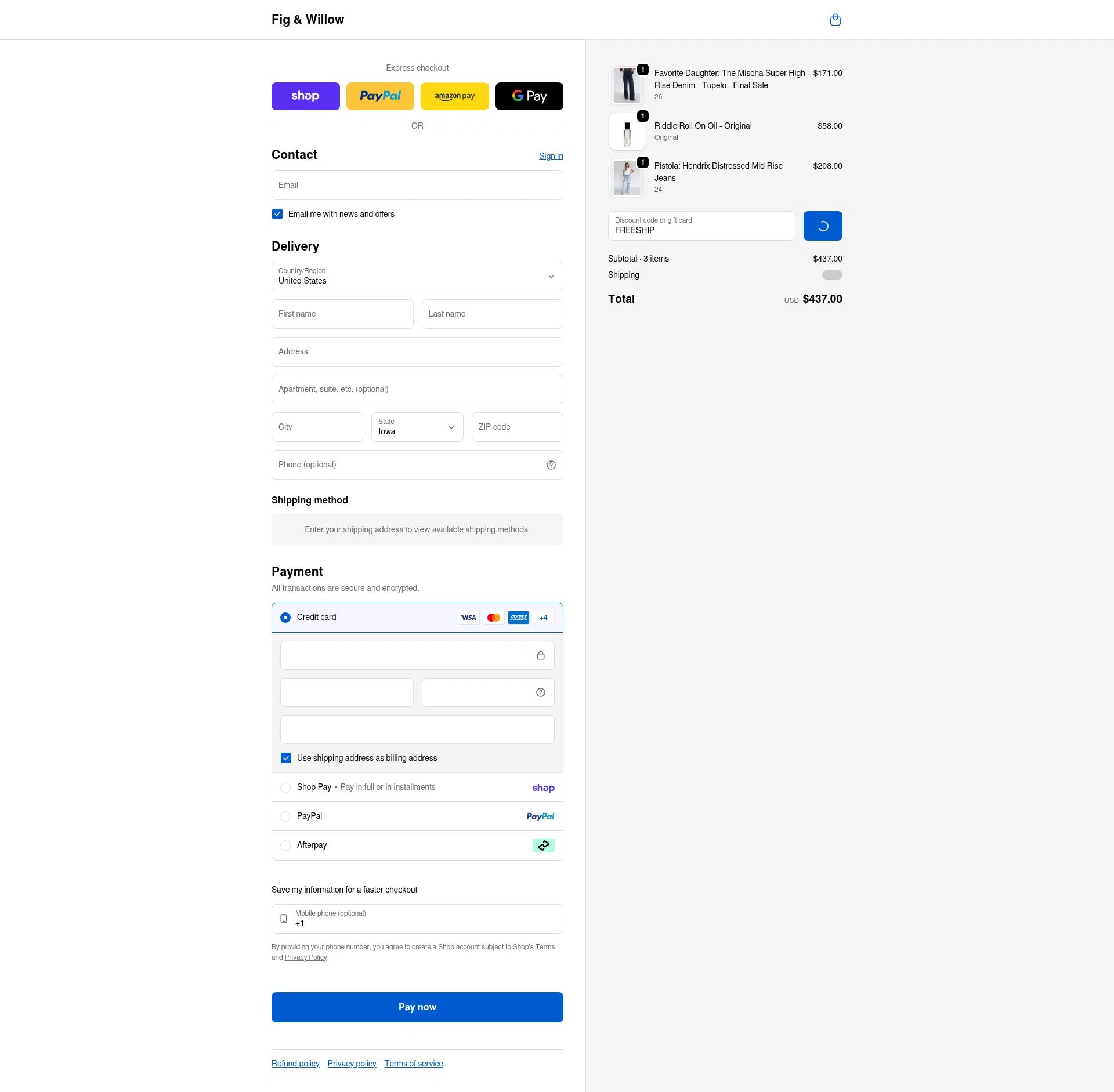 Fig & Willow checkout page showing Fig & Willow promo code box | Screenshot taken by SimplyCodes community member on Feb 3, 2026
