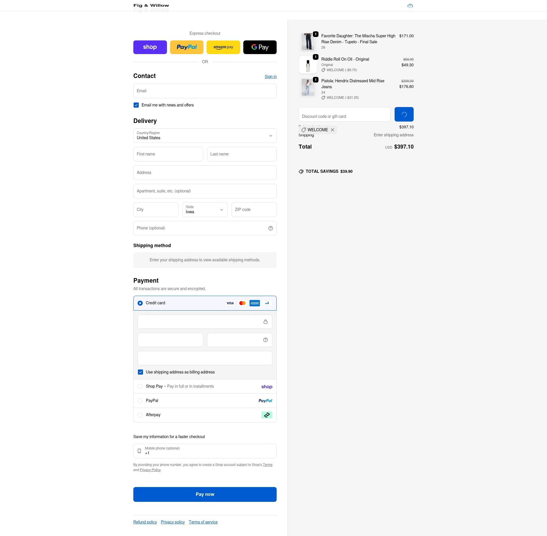 Fig & Willow checkout page showing Fig & Willow promo code box | Screenshot taken by SimplyCodes community member on Feb 3, 2026