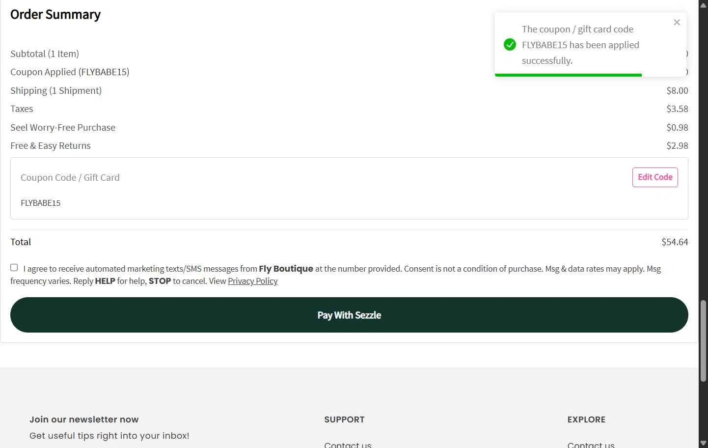 Fly Boutique checkout page showing Fly Boutique coupon code box | Screenshot taken by SimplyCodes community member on Oct 18, 2025