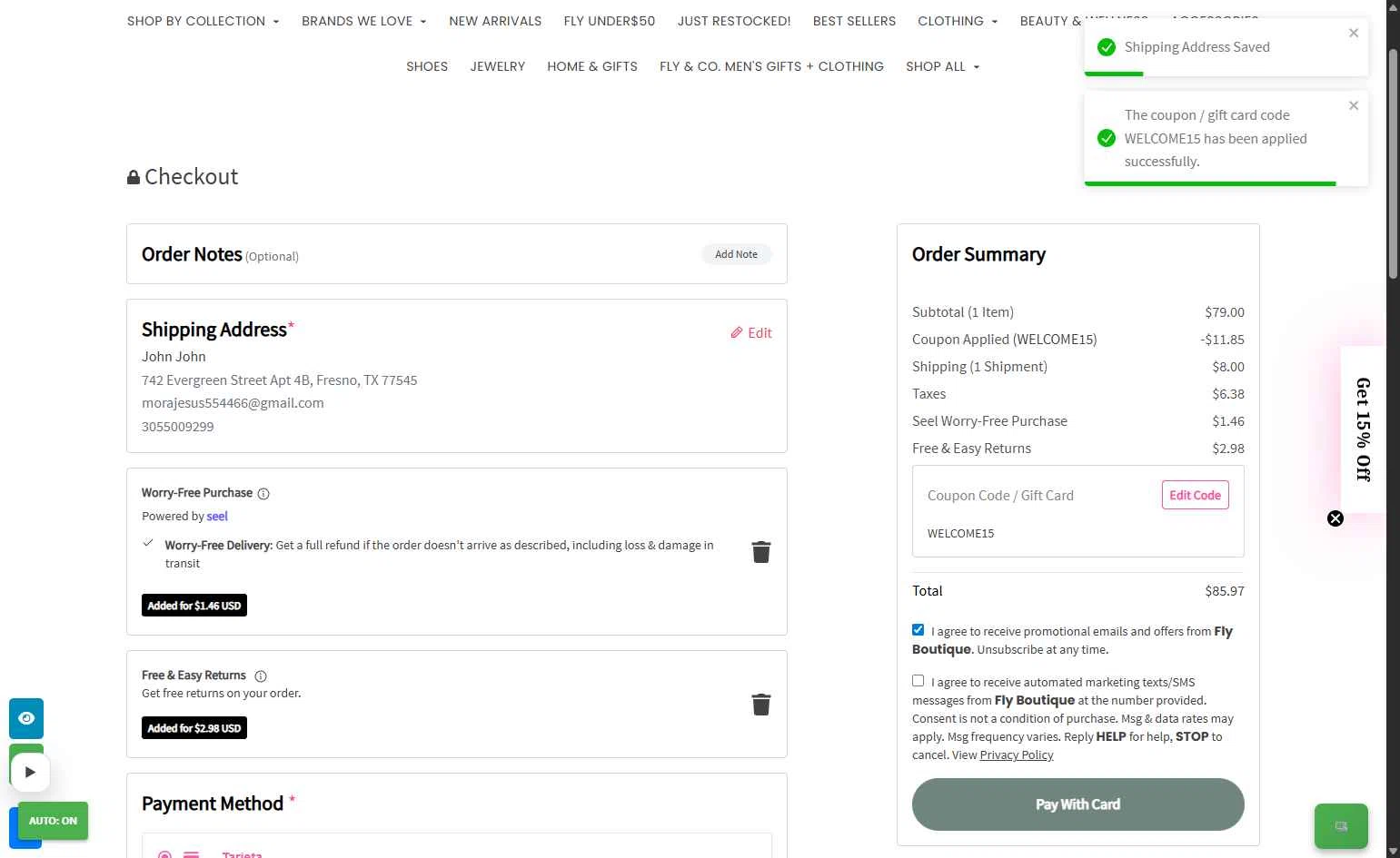 Fly Boutique checkout page showing Fly Boutique coupon code box | Screenshot taken by SimplyCodes community member on Feb 8, 2026