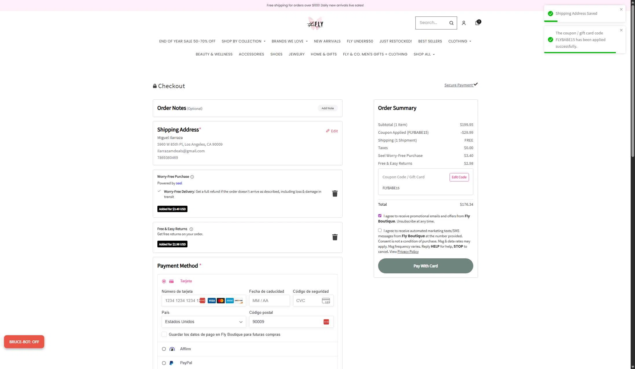 Fly Boutique checkout page showing Fly Boutique coupon code box | Screenshot taken by SimplyCodes community member on Jan 1, 2026
