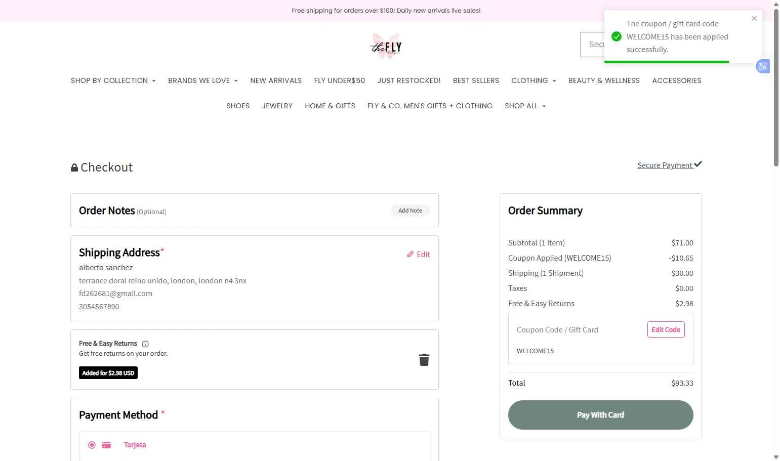 Fly Boutique checkout page showing Fly Boutique coupon code box | Screenshot taken by SimplyCodes community member on Feb 8, 2026