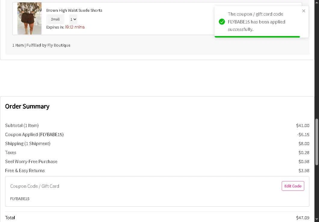 Fly Boutique checkout page showing Fly Boutique coupon code box | Screenshot taken by SimplyCodes community member on Aug 19, 2025