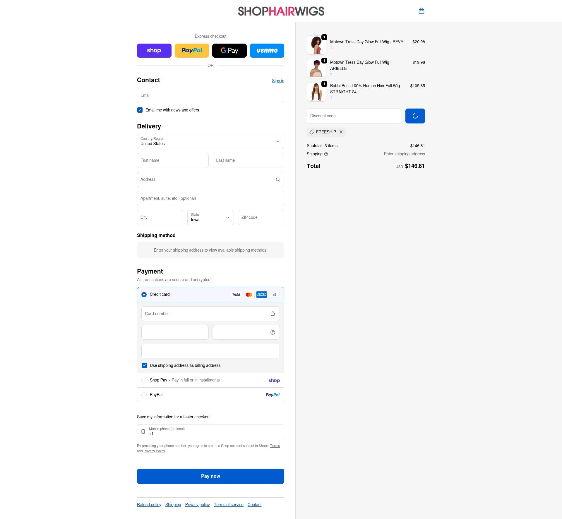ShopHairWigs checkout page showing ShopHairWigs promo code box | Screenshot taken by SimplyCodes community member on Feb 18, 2026