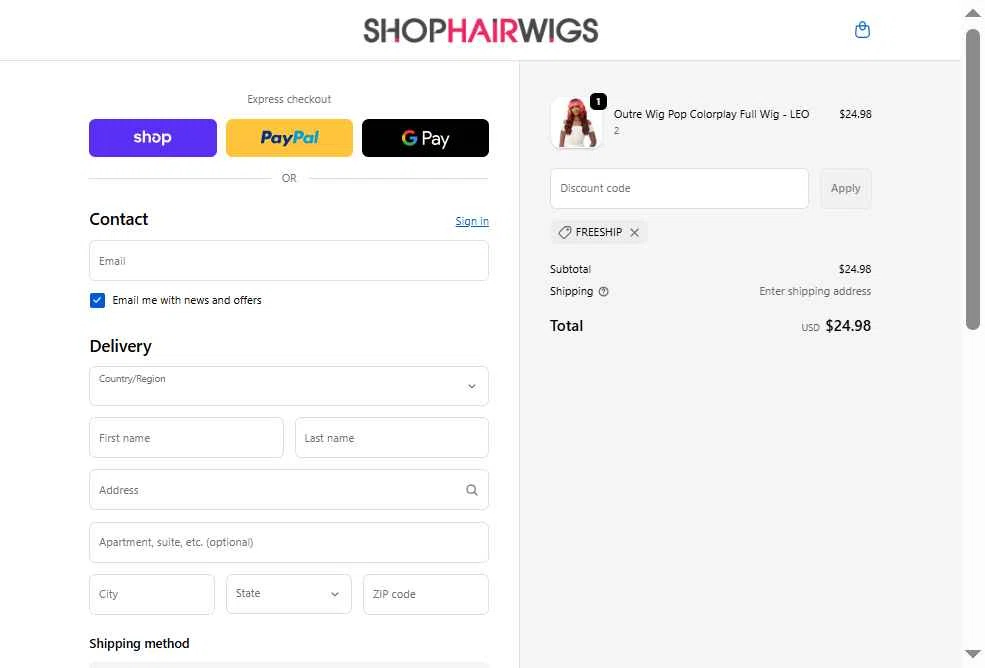 ShopHairWigs checkout page showing ShopHairWigs promo code box | Screenshot taken by SimplyCodes community member on Feb 18, 2026