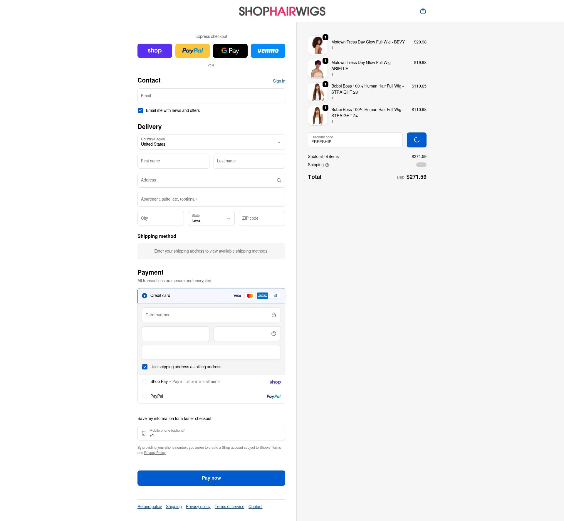 ShopHairWigs checkout page showing ShopHairWigs promo code box | Screenshot taken by SimplyCodes community member on Feb 9, 2026