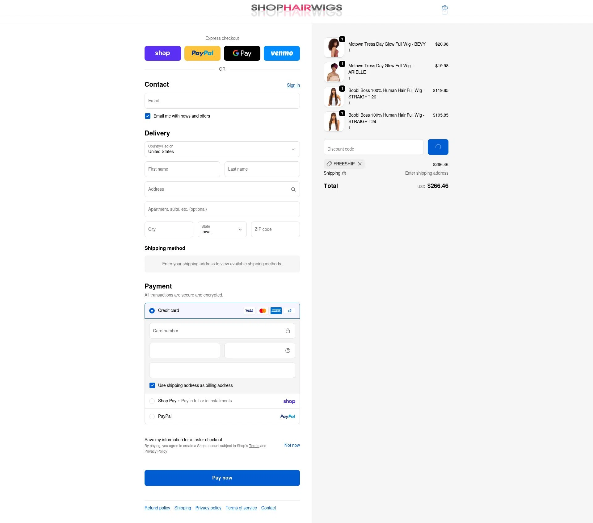 ShopHairWigs checkout page showing ShopHairWigs promo code box | Screenshot taken by SimplyCodes community member on Feb 13, 2026