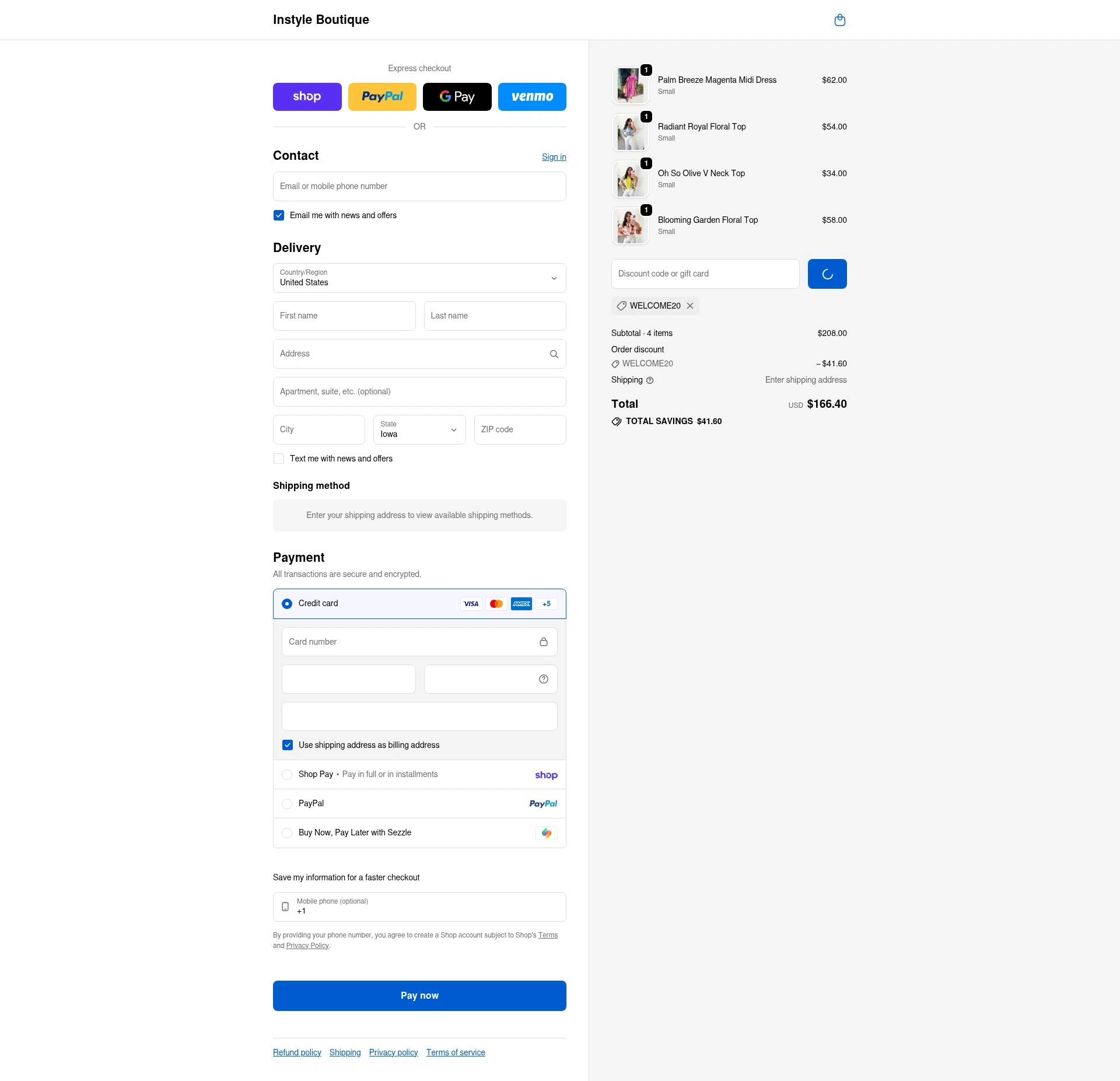 InStyle Auctions & Boutique checkout page showing InStyle Auctions & Boutique coupon code box | Screenshot taken by SimplyCodes community member on Feb 13, 2026