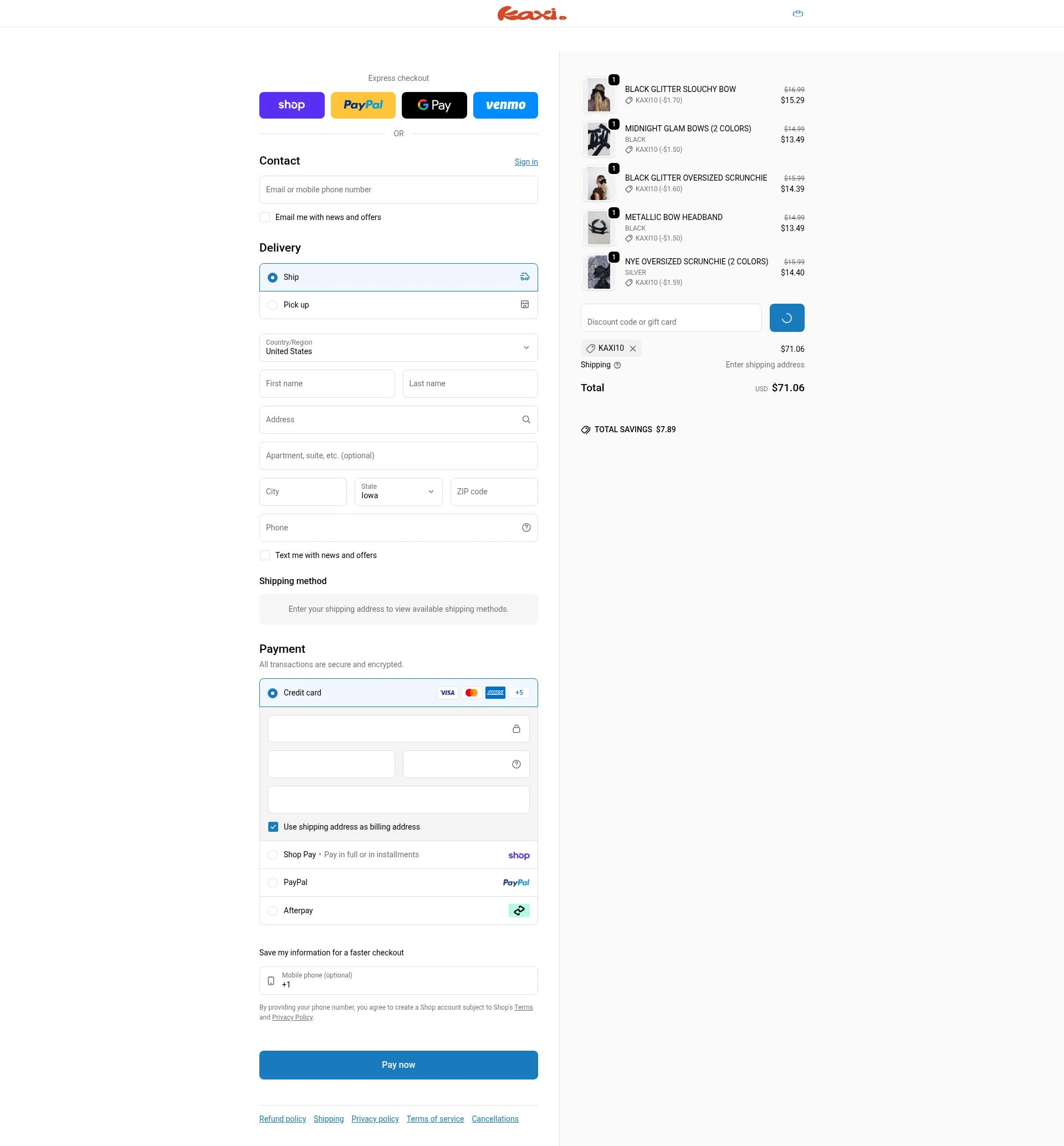 KAXI.co checkout page showing KAXI.co promo code box | Screenshot taken by SimplyCodes community member on Feb 7, 2026