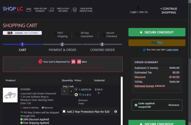 Shop LC checkout page showing Shop LC promo code box | Screenshot taken by SimplyCodes community member on Sep 15, 2025