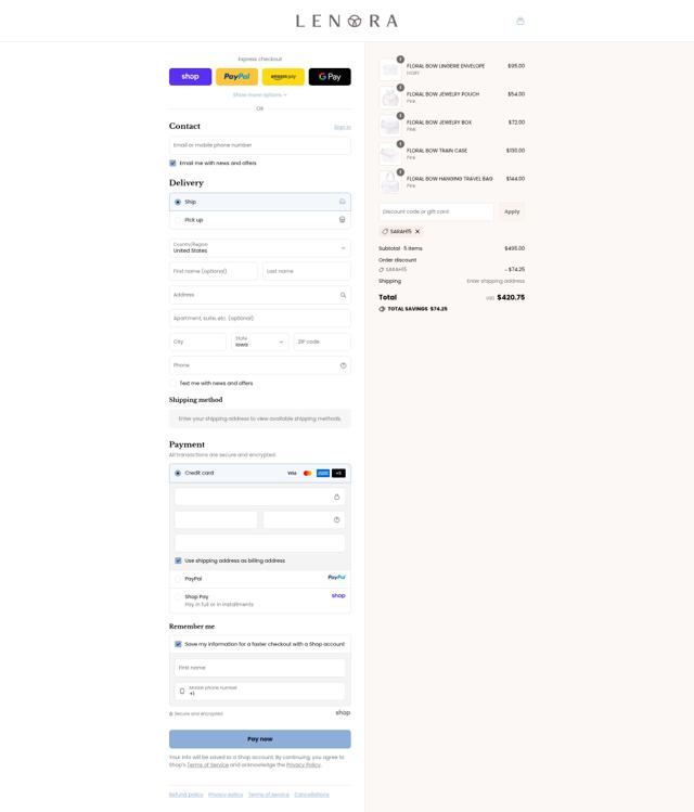 Lenora checkout page showing Lenora discount code box | Screenshot taken by SimplyCodes community member on Sep 17, 2025