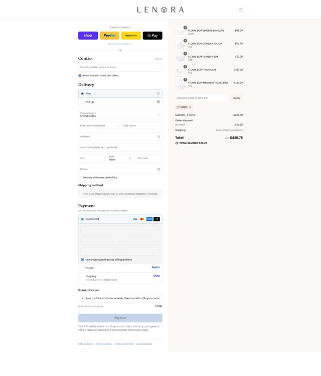 Lenora checkout page showing Lenora discount code box | Screenshot taken by SimplyCodes community member on Sep 17, 2025