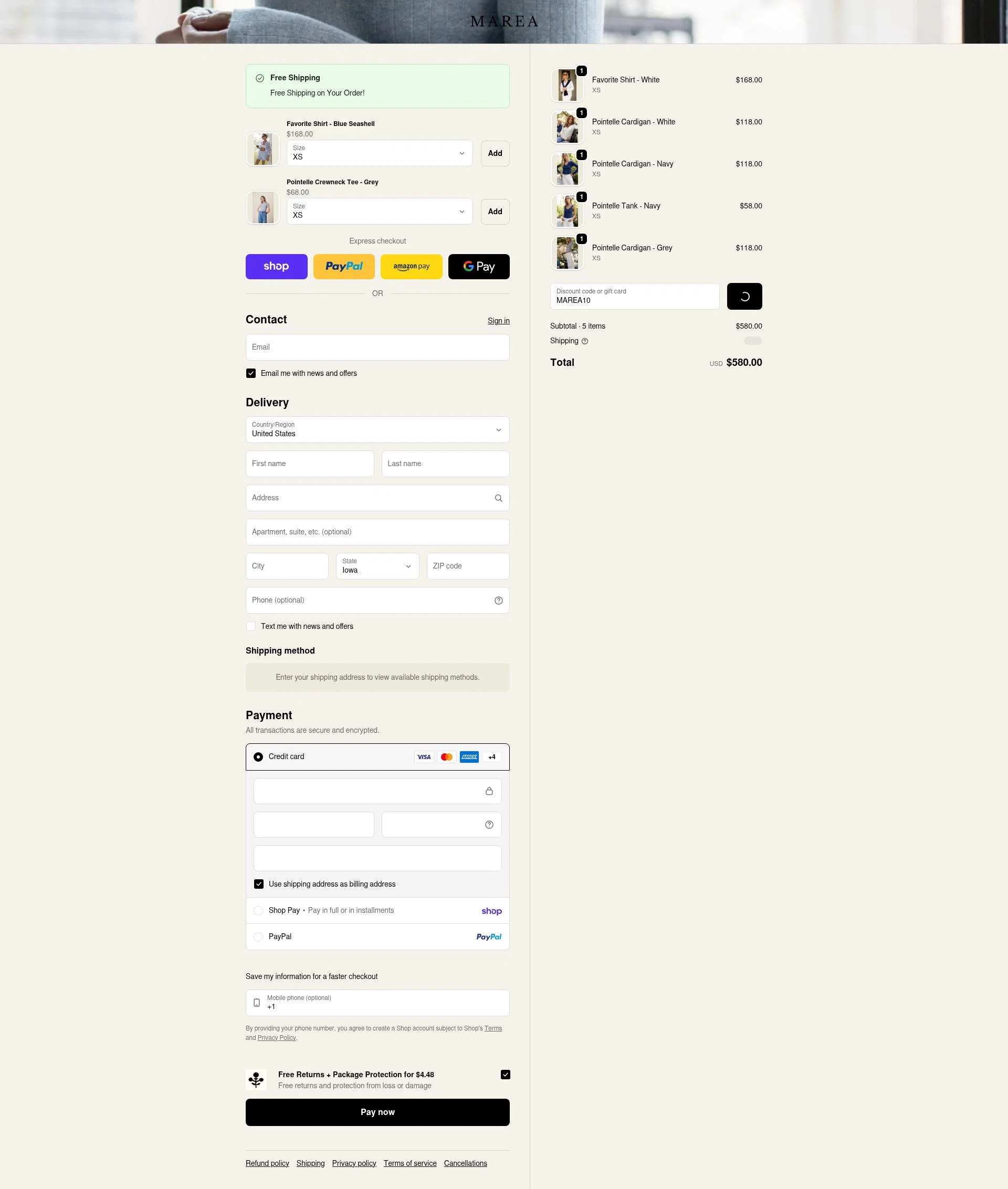 Marea by Liz Joy checkout page showing Marea by Liz Joy coupon code box | Screenshot taken by SimplyCodes community member on Feb 17, 2026